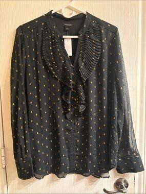 Ann Taylor Black Blouse with Gold Dot Ruffle V-Neck